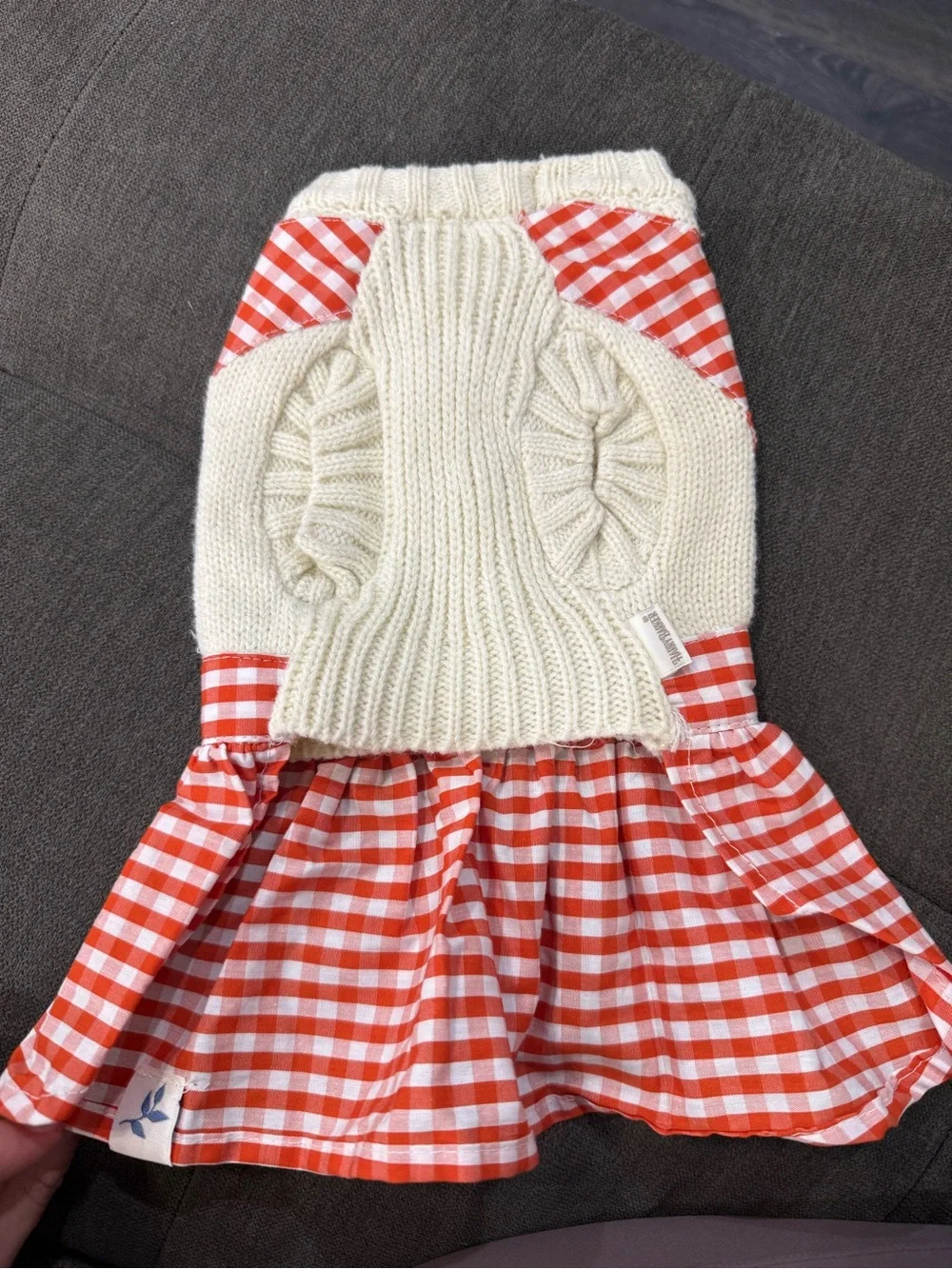 Harry Barker Puppy Cream Knit & Red Gingham Sundress with Gold Buttons